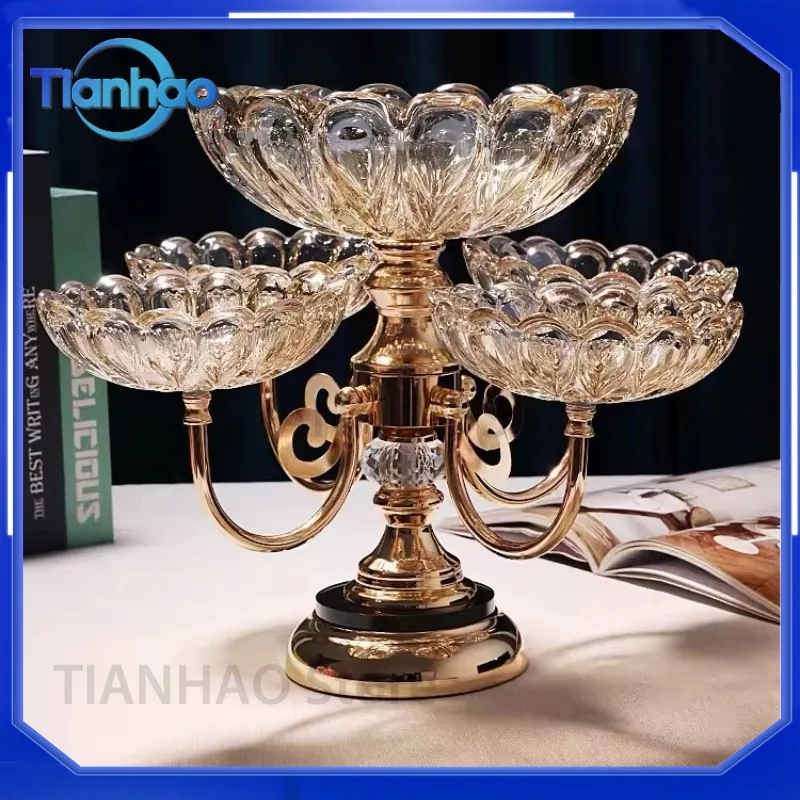 European-Style Gold Metal Crystal Dried Turkish Fruit Plate Set for Luxury Glass Fruit Display Plate