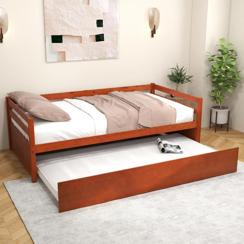 Twin Bed with Trundle, Wood Daybed Frame with Trundle, No Box Spring Needed Sofa Bed Frame, Twin Size Trundle Beds for
