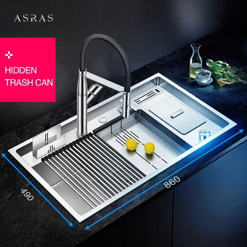 ASRAS Large Size Kitchen Sink 304 Stainless Steel 4mm Thickness Handmade Brushed Kitchen Sinks With Trash Can And Knife Shelf