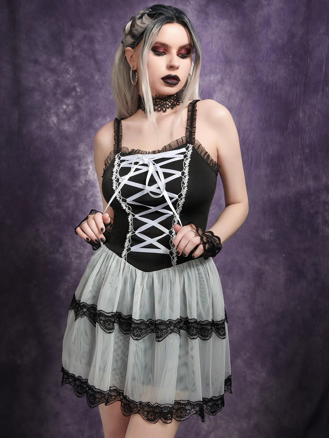 Gedurfde Schaduw Lolita Goth Harajuku Geplooide Mini-Jurken Mesh Kant Patchwork Bandamesjurk Schattige Skinny Color Streetwear