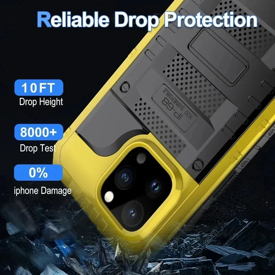 

Для iPhone 16, 15, 14, 13, 12, 11 Pro Max X XR 8 7 Plus IP68, водонепроницаемый прочный металлический защитный чехол, противоударный защитный чехол для экрана