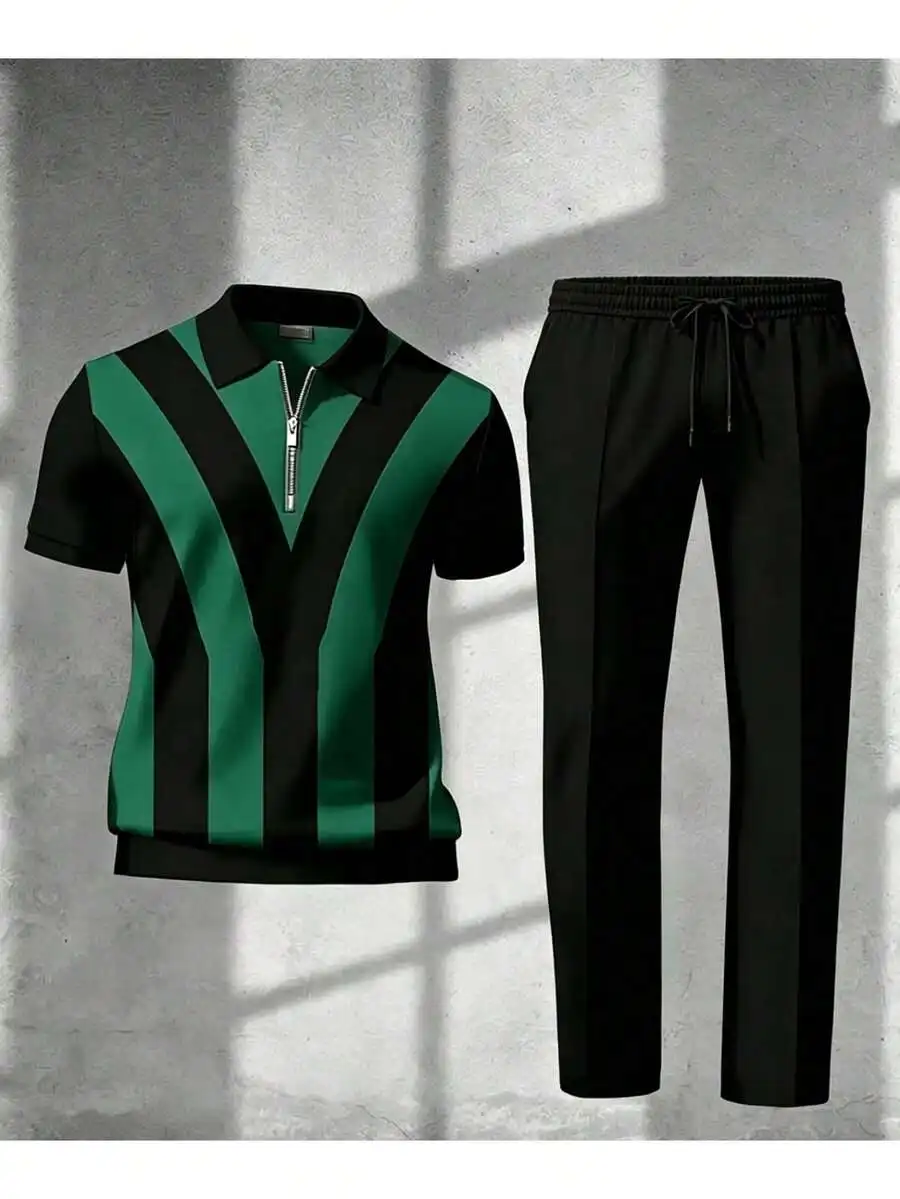 Mens Striped Shirt And Pants Co-Ord Set Casual Streetwear