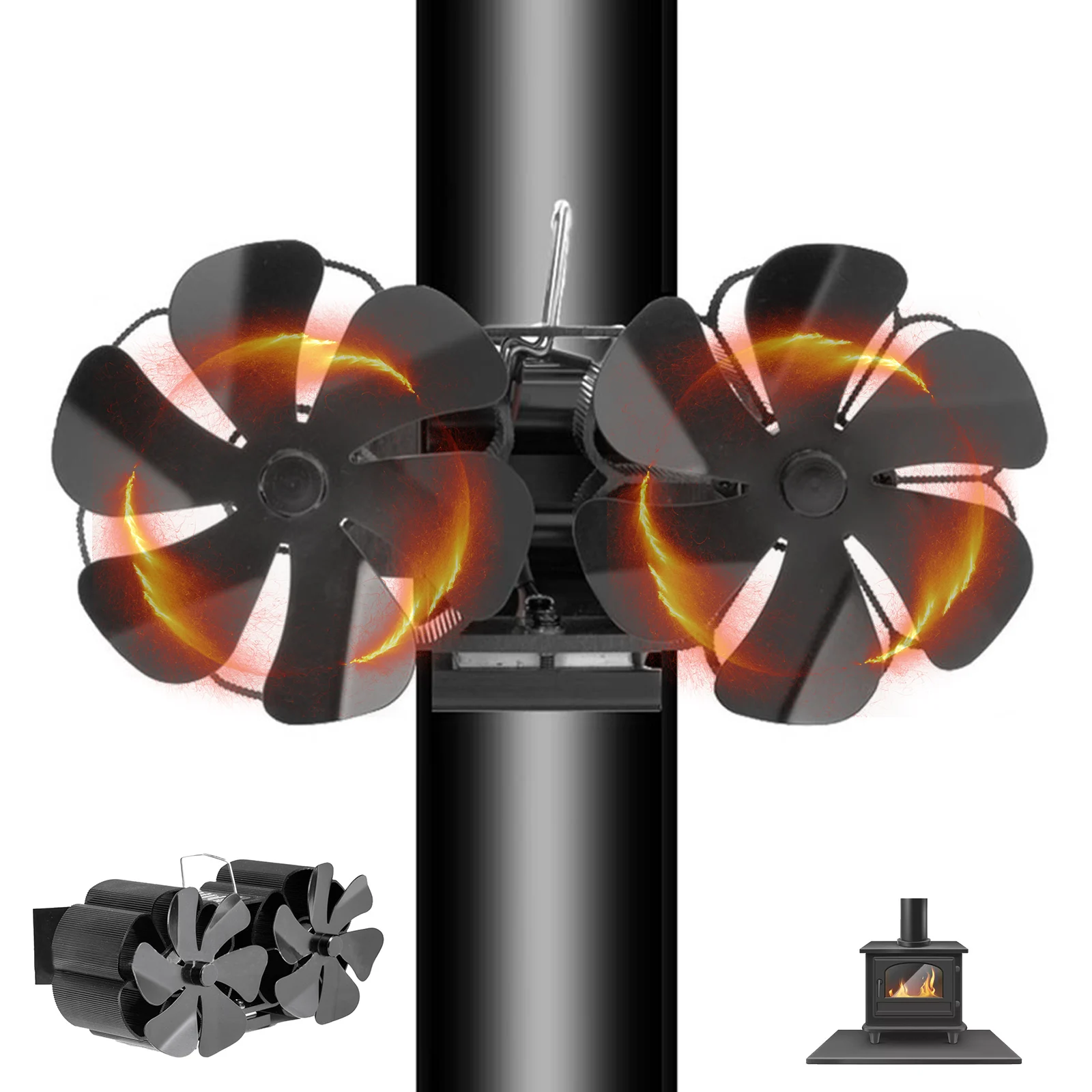 Cooling Fans Blade Fireplace Fan Stoves Fireplaces Aluminum Black Double Head Fireplace Fan Unpowered Operation