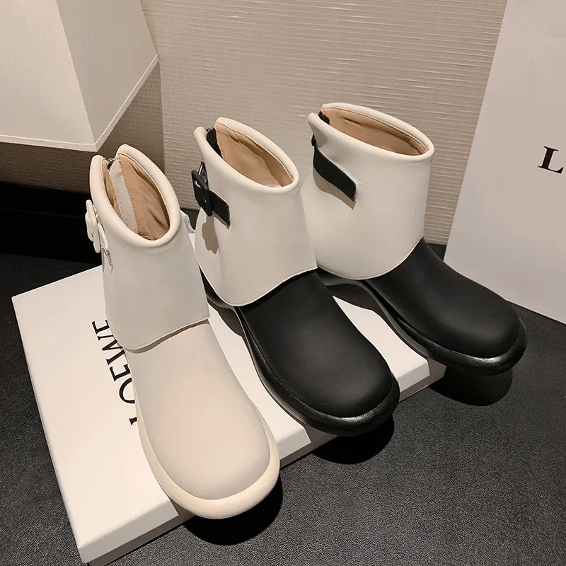 

Fashion Short Boots Women New High Quality Leather Matte Round Head Thick Soles Boots Street Rain Boots