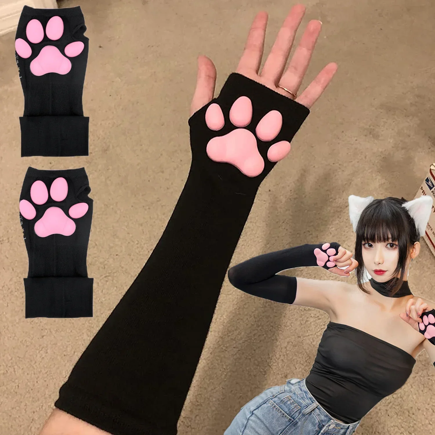 

3D Cat Pad Paw Sleeves Sun Protection Cute Kitten Cat Paw Sexy Lolita Cosplay Arm Sleeves Cat Meat Cushion Gloves Sun Sleeves