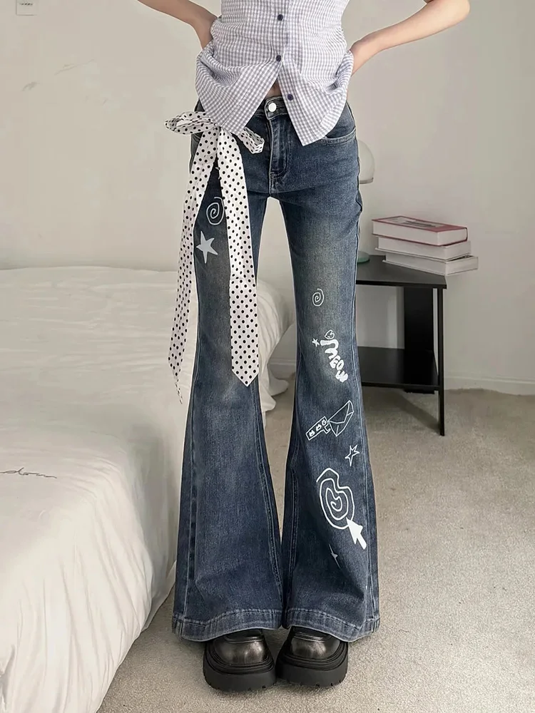 Cartoon Graffiti Jeans Women Slim Fit Y2K Streetwear Hottie Bootcut Jeans Summer Polka Dots Bandage Vintage All Match Pants New