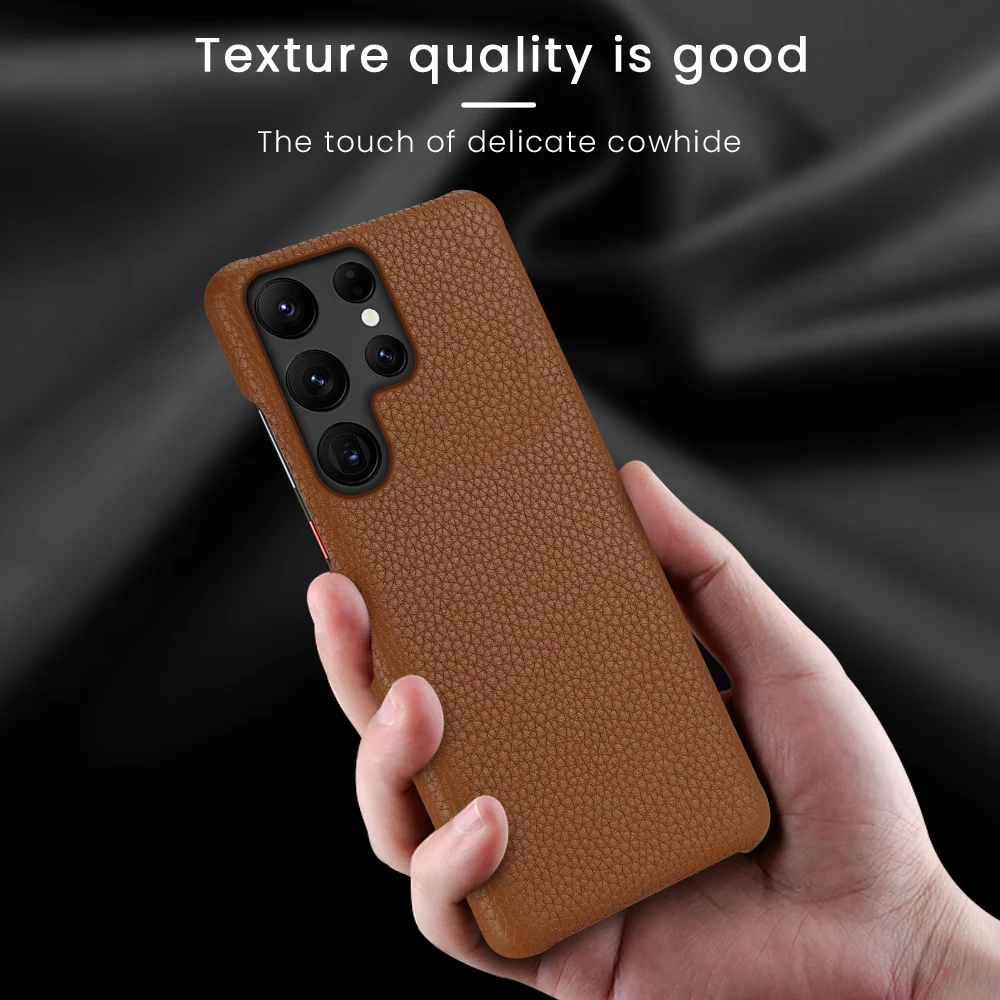 Genuine Cowhide Leather Phone Case for Samsung Galaxy S24 Ultra S23 FE S22 Plus S21 Litchi Grain Half-Wrapped Armor Back Cvoer