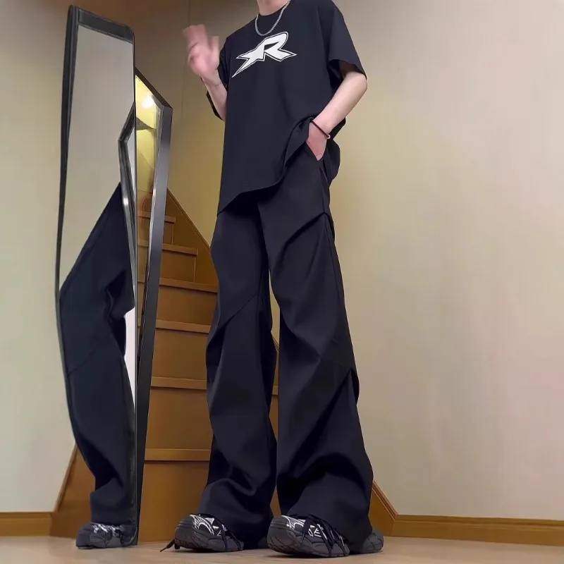 

Мужские и женские американские повседневные брюки в стиле high street с плиссировкой и драпировкой, однотонные, с микро-резинкой, нишевые, премиум-класса, модные.