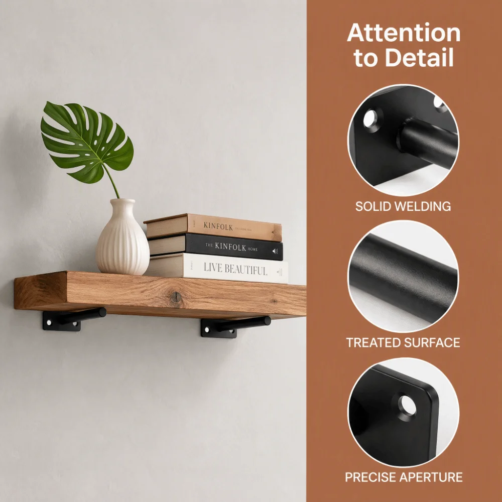 4 PCS 2 Holes Floating Shelf Bracket 150mm Round Shape Hidden Shelf Support Black Finish Fixed Type Floating Shelf Fix Holder