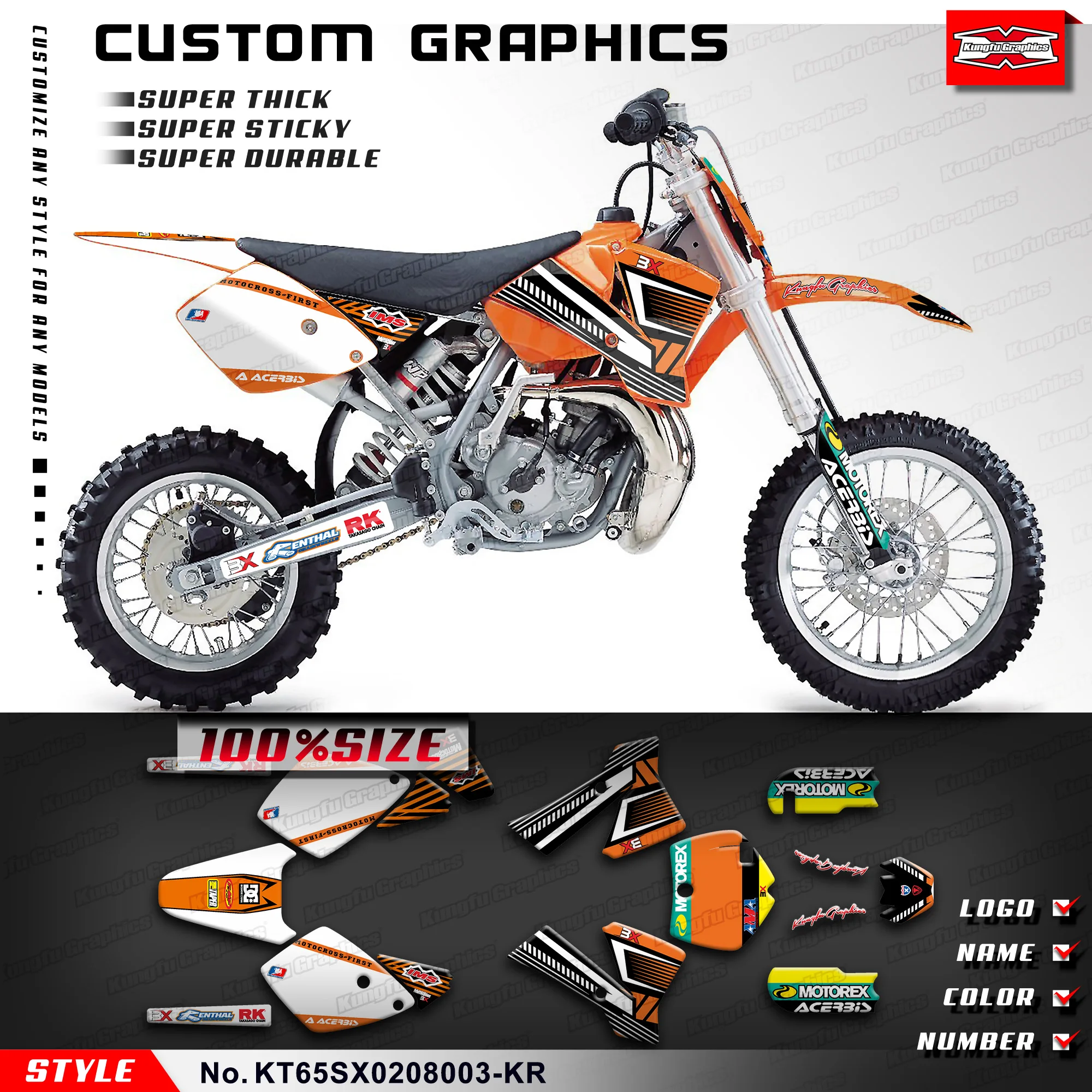 Sticker Sheet Motorcycle Decals for KTM SX 65 2002 2003 2004 2005 2006 2007 2008, KT65SX0208003-KR