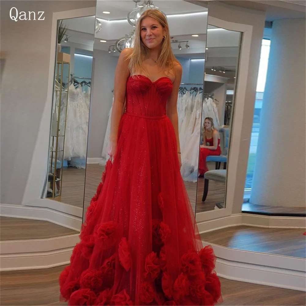 

Qanz Red Evening Dress Shinny Sparkle Tulle Tiered Ruffles Party Dress Women Elegant Luxury A Line Strapless Vestido De Noiva