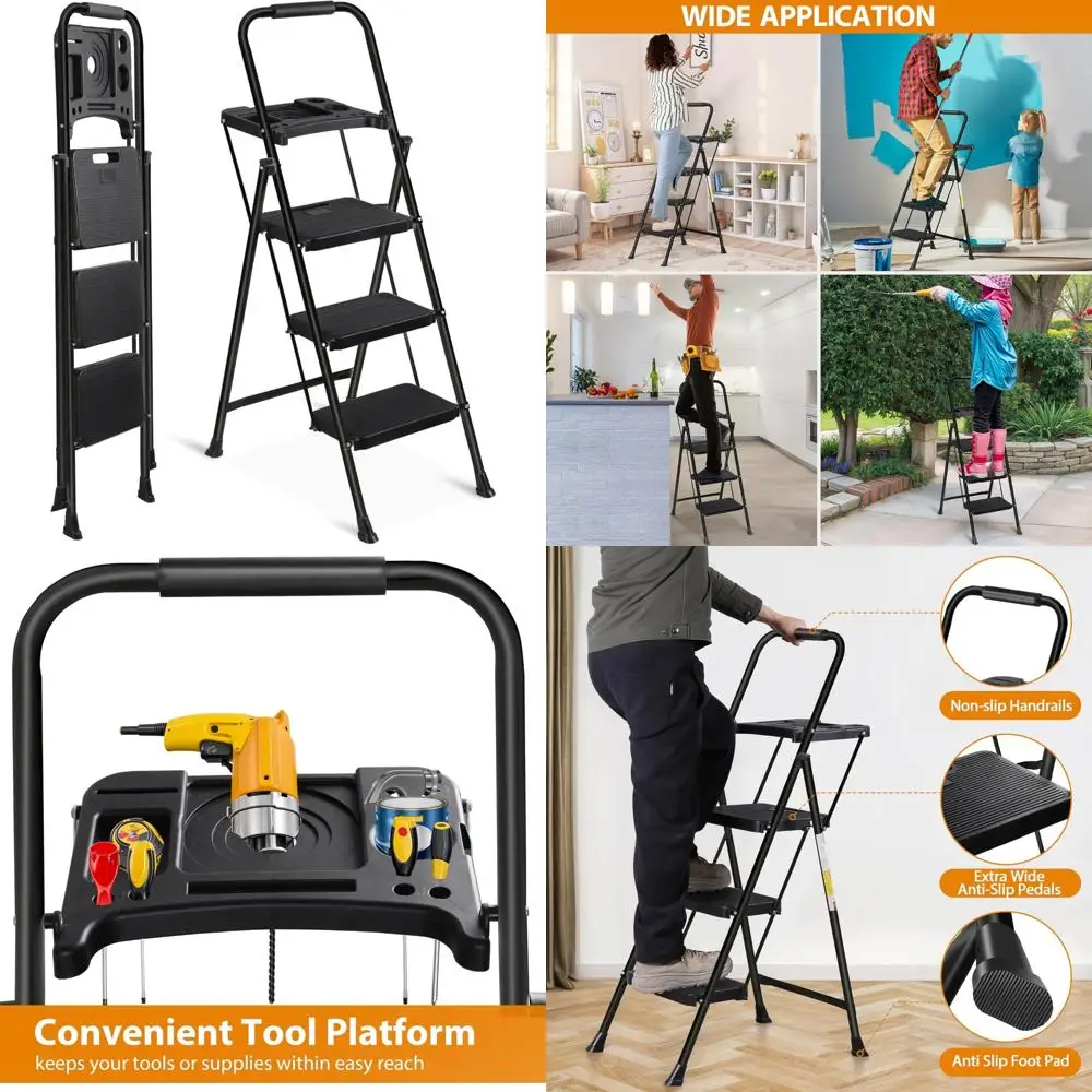 3-step industrial-grade steel ladder with tool tray, compact design, anti-slip feet and durable pp treads