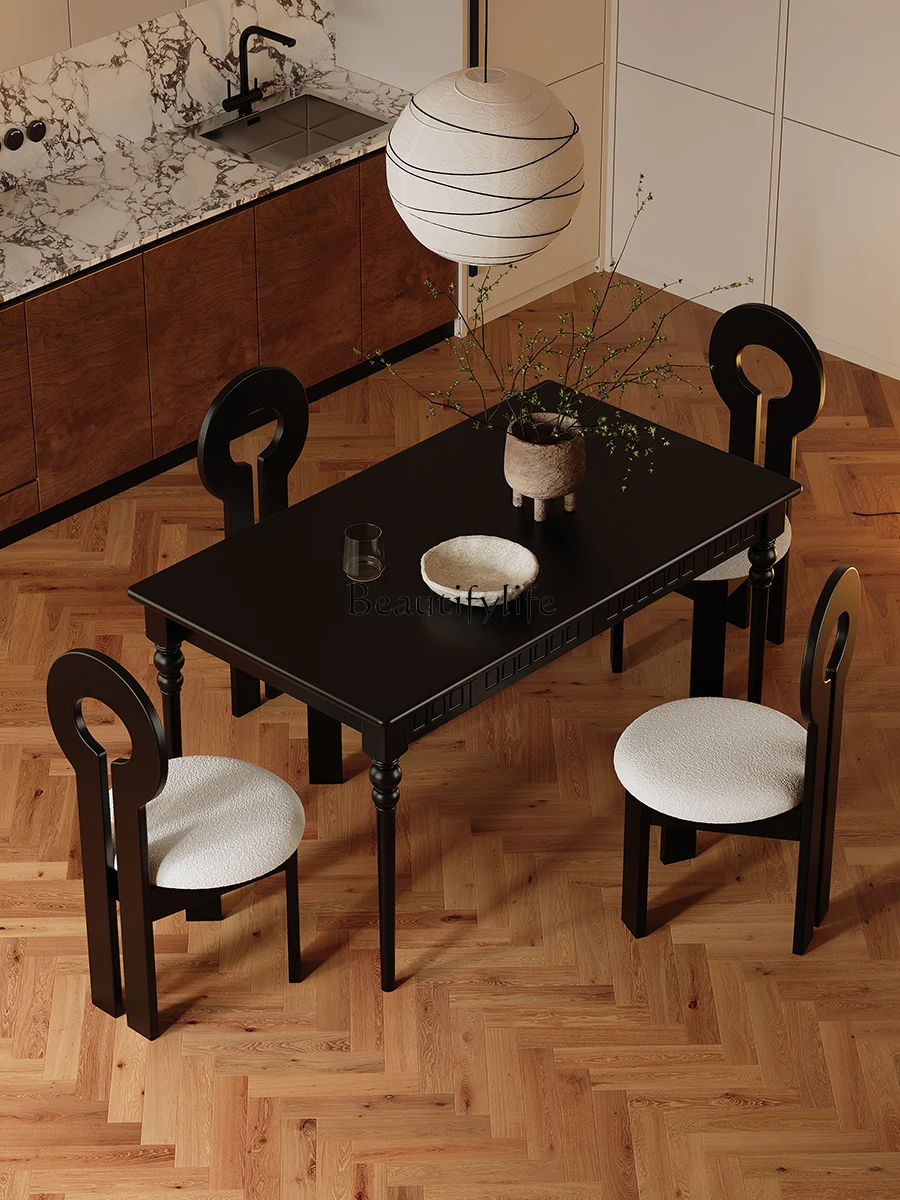 

*American French retro solid wood home black dining table medieval small apartment dining table and chairs