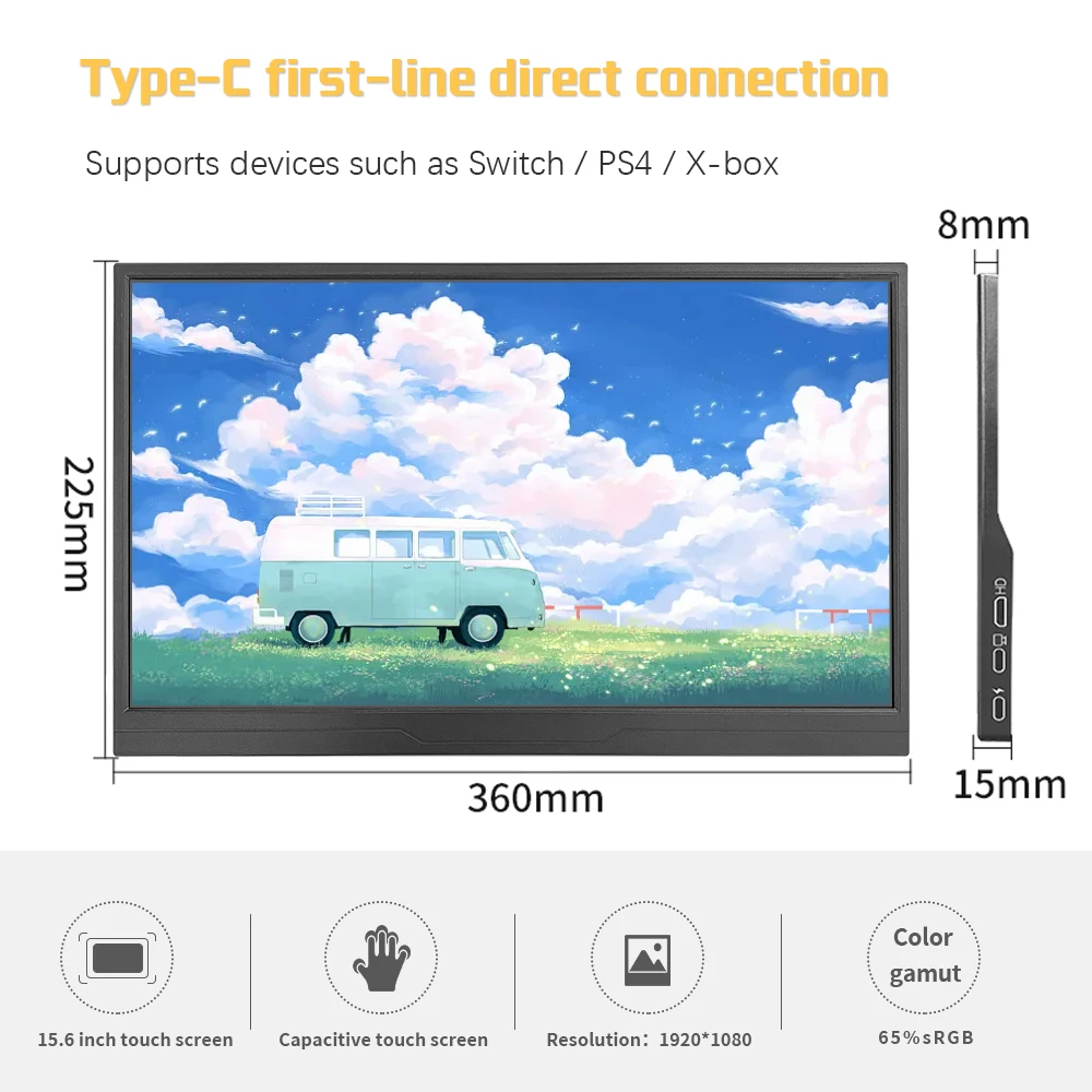 15.6 Inch Touch Screen Portable Monitor 1920*1080P 400cd/m2 IPS Display for Laptop Second Screen PS4/ 5 Switch/Raspberry Pi 5