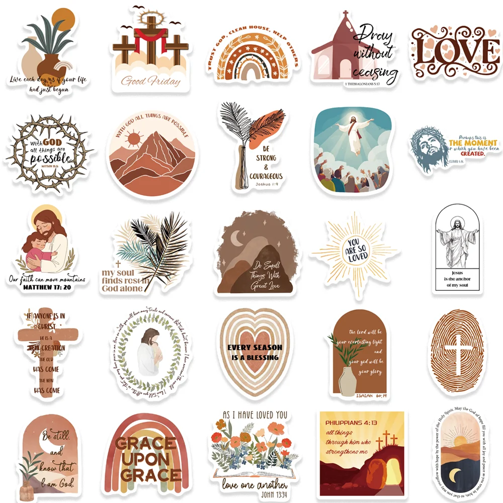 50pcs Boho Style Biblical Religion Stickers Inspirational Life Waterproof DIY Laptop Guitar Phone Envelope Scarpbook Diary Decal