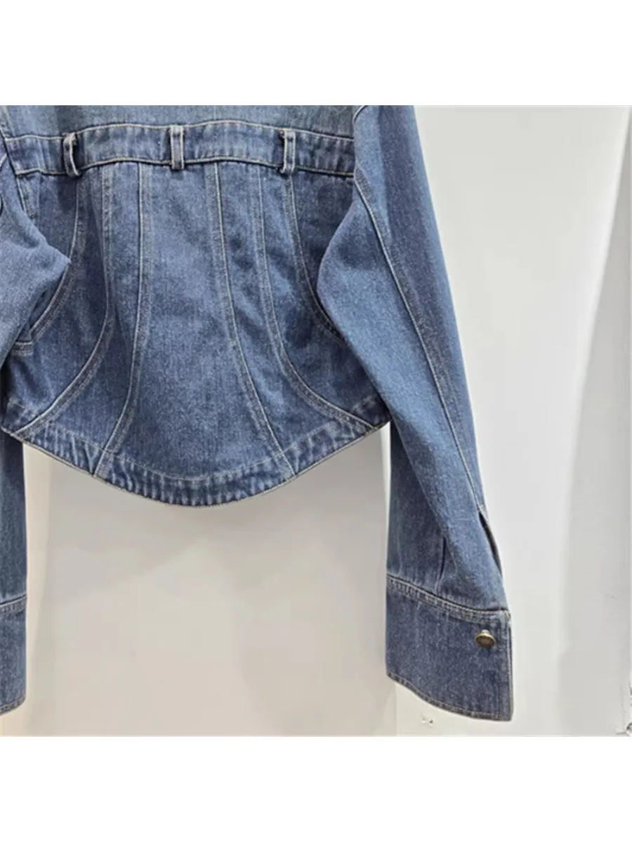 GALCAUR Blue Spliced Diamond Slimming Jacket Female Lapel Long Sleeve Basics Temperment Women's Jackets Style Fashion Clothing