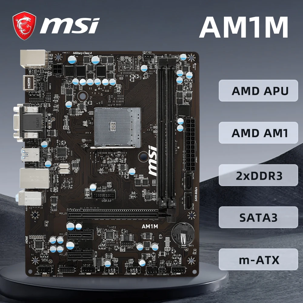 

MSI AM1M Motherboard AMD CPU Support AMD Socket AM1 Athlon /Sempron Processor USB 3.0 DDR3 1333/1600 32G HDMI DVI VGA