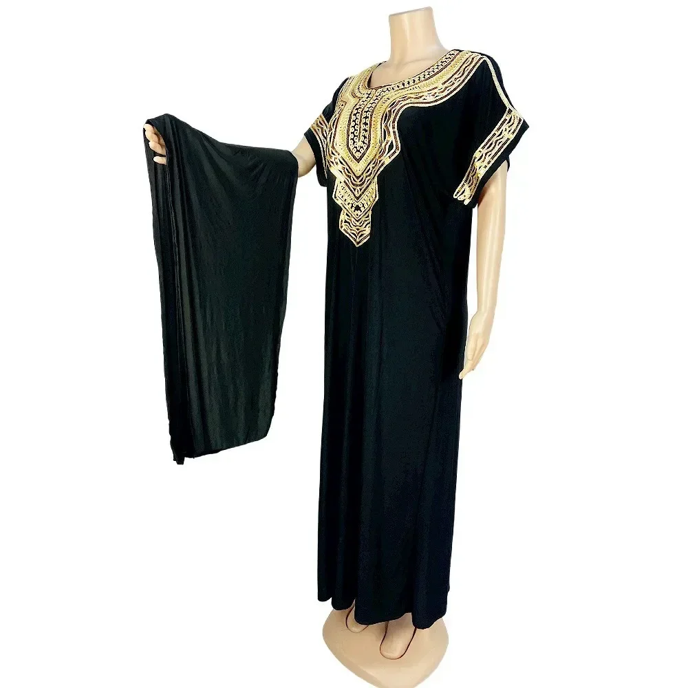 

Muslim Women Dress Short Sleeve Bohemian Floral Islamic Dubai Abaya Cloth Golden Embroidered Robe مانطو صيفي نسائي اسلامي