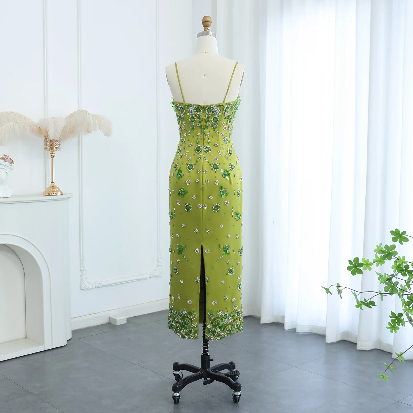 Sharon Said-Robe de soirée verte courte avec perles florales 3D, bretelles spaghetti, gaine de luxe, fête de mariage, quel que soit SSram personnalisé