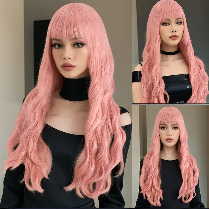 

Women's Wig Long Wavy Wig Pink Ladies Synthetis Full Hair Wig+Wig Cap