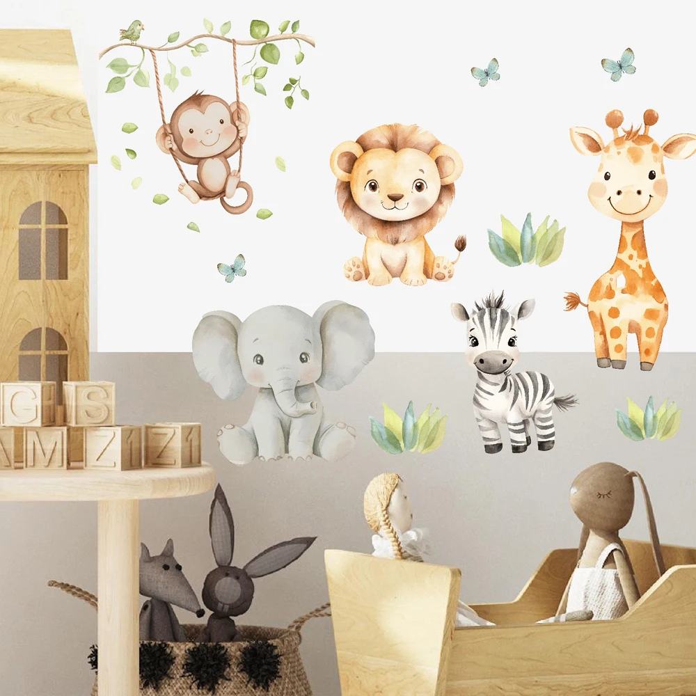 Aquarell Safari-Tiere Wandaufkleber Affe Zebra Giraffe Löwe Wandtattoos für Schlafzimmer Spielzimmer Wohnzimmer Heim-Wanddekoration