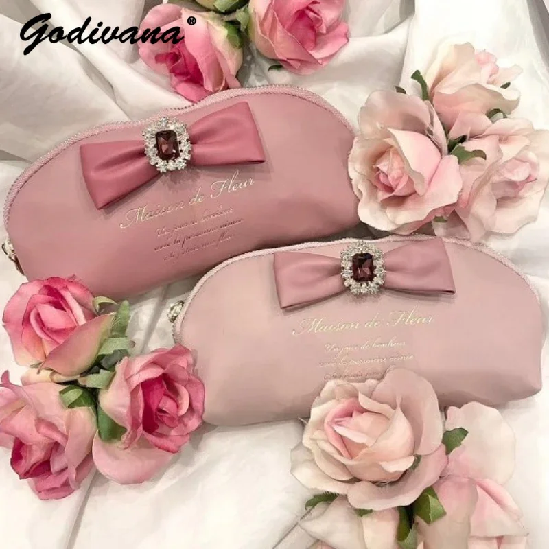 Japanese Style Cute Bow Rhinestone Pencil Case Small Clutch Women Girls Cosmetic Bag Mini Pink Pencil Bag Key Wallets