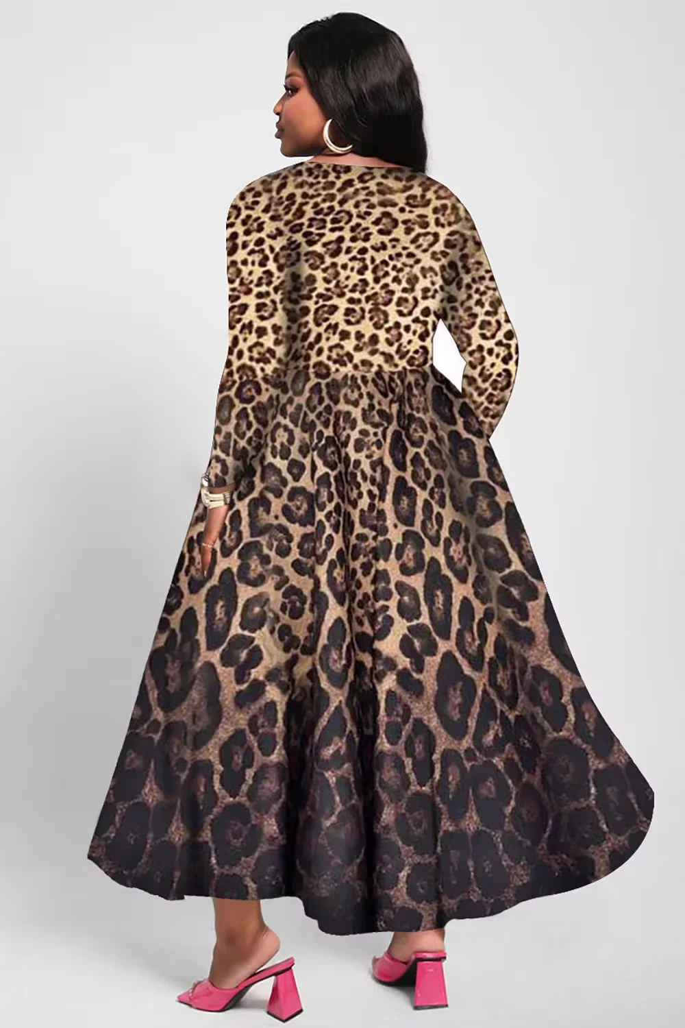 Plus Size Bohemian Dress Elegant Women Leopard Print Dress 2024 Long Sleeve Loose Round Neck Casual A-Line Party Sundress