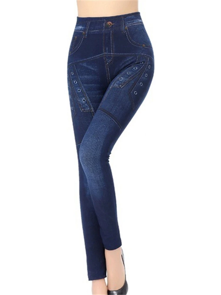CHSDCSI-Leggings de Jean azul escuro casual feminino, calça jeans falsa, cintura alta, patchwork de ponto pequeno lateral, jeggings magros, senhora