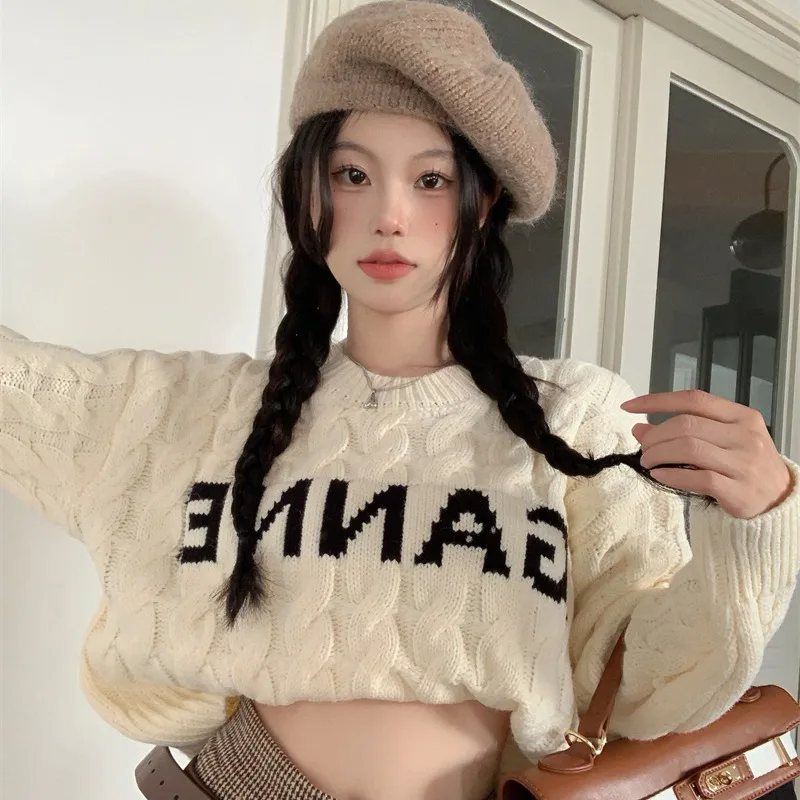 Women Sweater O Neck Knitted Loose Casual Letter Print Pullover Spring Autumn All-Match Stay Warm Leisure Top