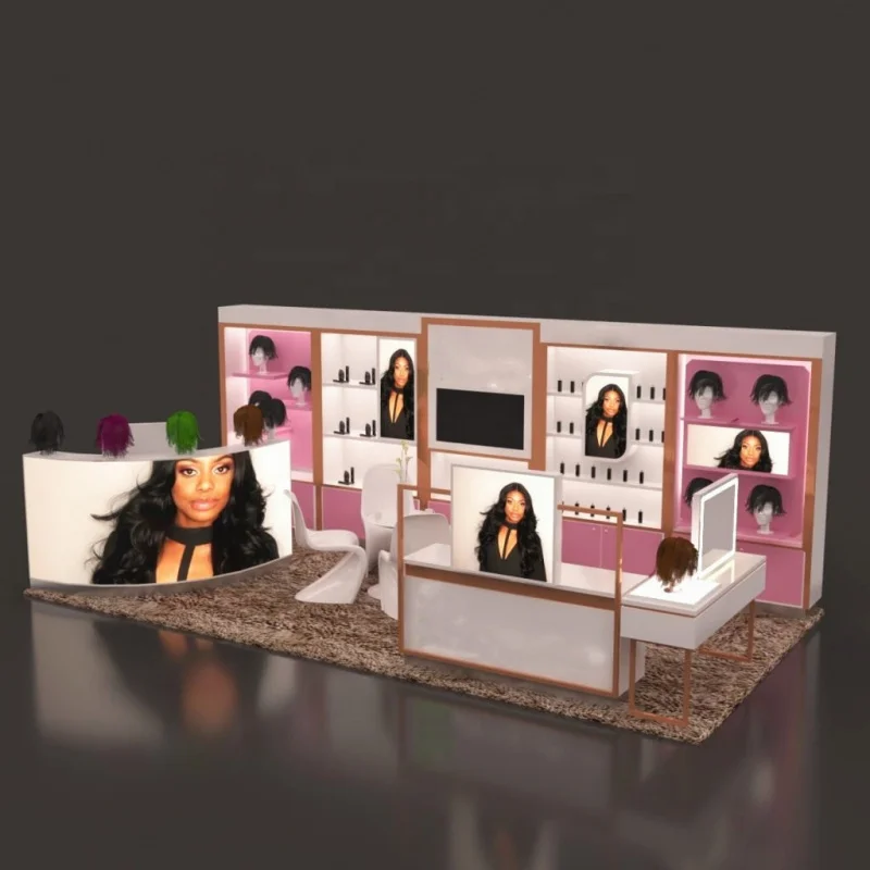 2025customized.Retail Hair salon furniture hair extension wig shop display shelf human hair display cabinet with LED