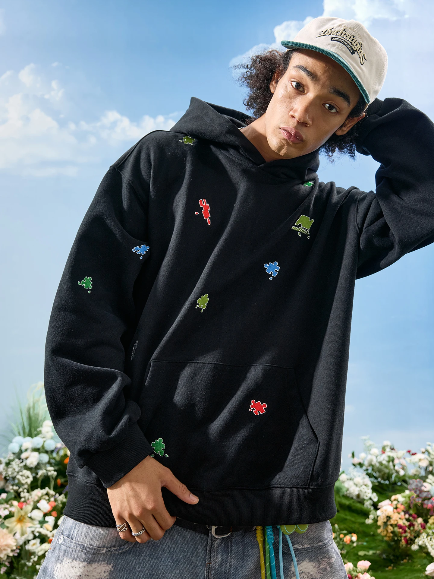 

Nuthink Puzzle Embroidery Hoodie Sweatirt American Retro Cartoon ex New Sle Spring Cotton Long Sve Comfor...