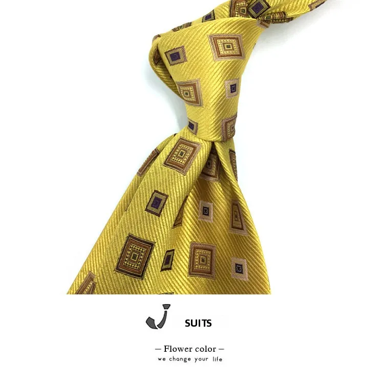 ゴールドスクエアパターン刺繍入りシルクワイドイタリアンコントラストカラーイエローネクタイビジネススタイルアローパターンネクタイ