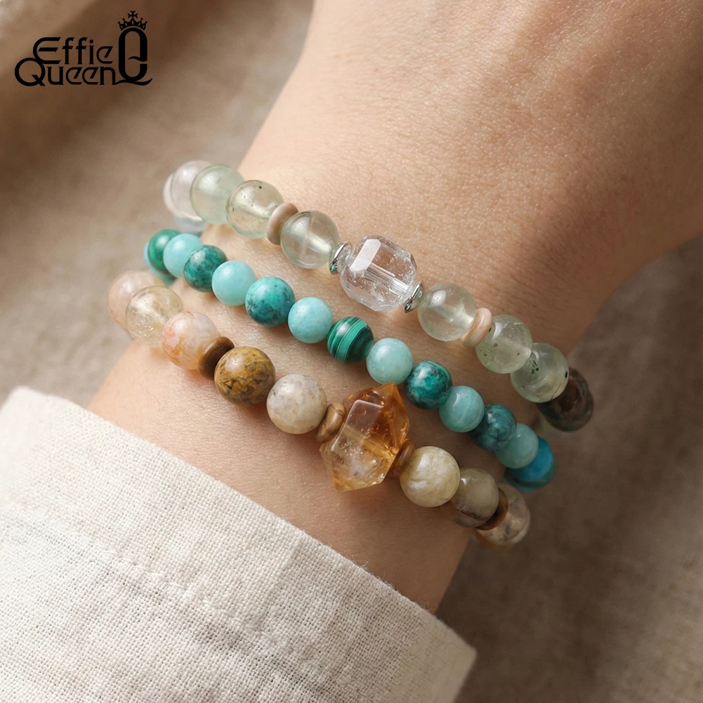 EFFIE QUEEN Natural Stone Bead Bracelet White Phantom Yellow Opal Boho Beach Summer for Women Crystal Jewelry Adjustable GMB89 4