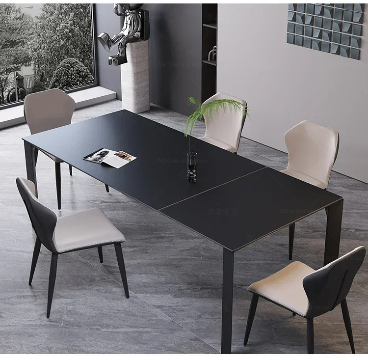 Minimalist retractable rock table size apartment rectangular luxury home designer dining table and chair combination