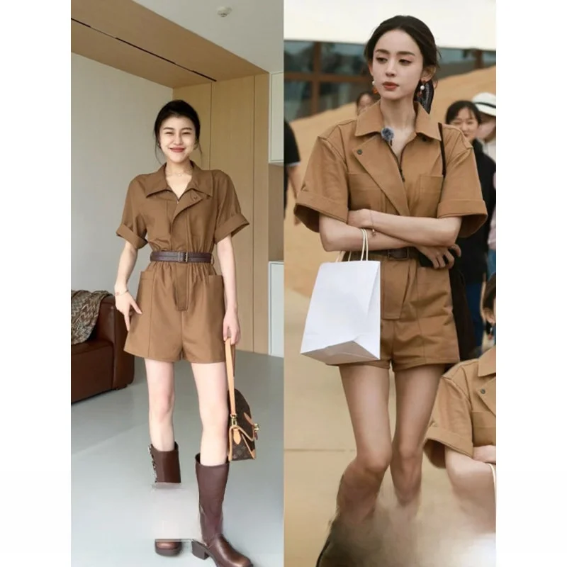 

Zhang a Xing Sweet Cool Hong Kong Sle Khaki Collar High Waist Slim Fit Wide Leg Meat Covering ort Sve Workwear Jumpsuit