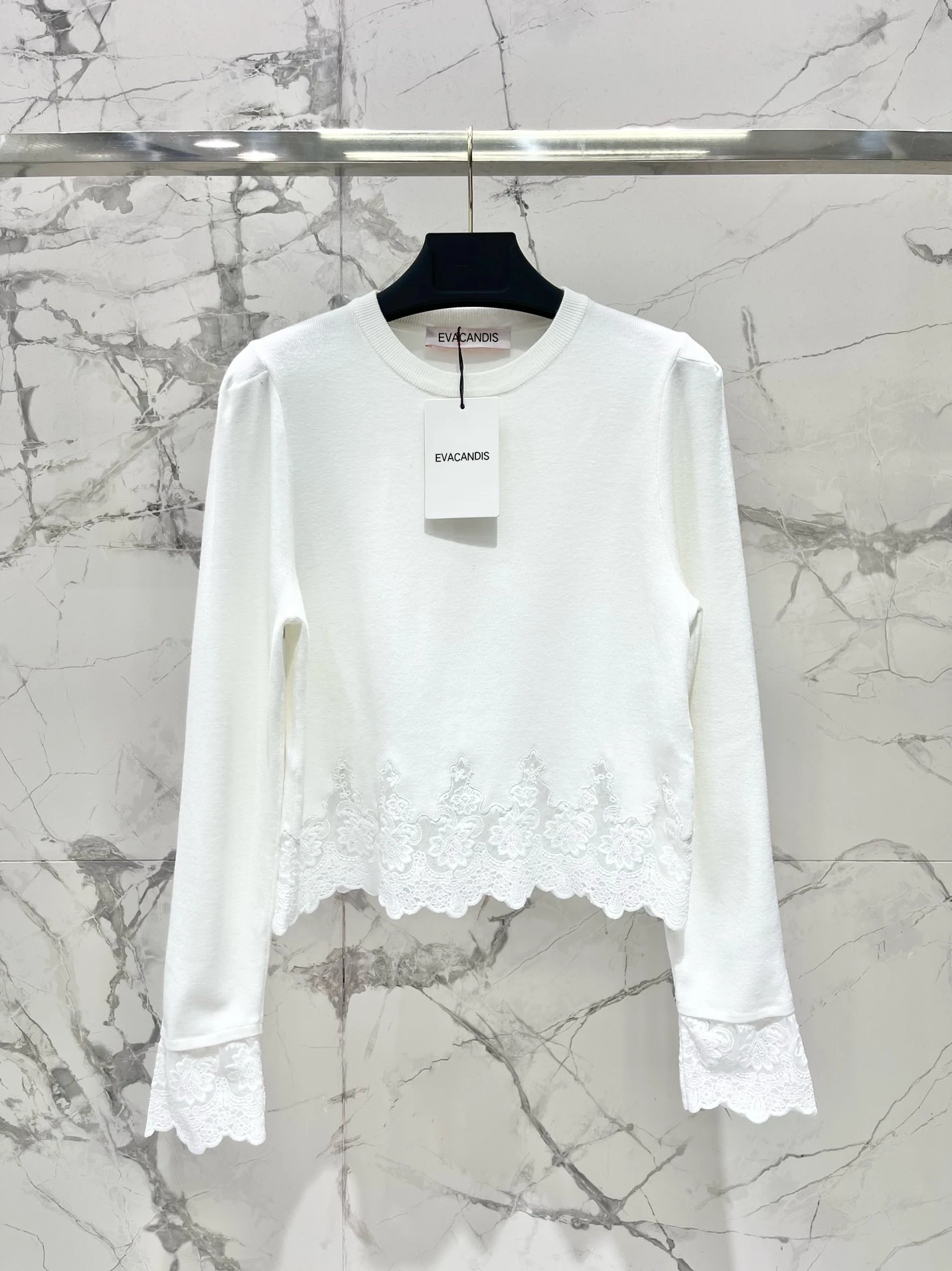 

EVACANDIS Women Sweet Luxury New O-Neck Wool Long Puff Sleeve Solid Lace Patchwork Knitted Pullover Tops White Elegant Sweater