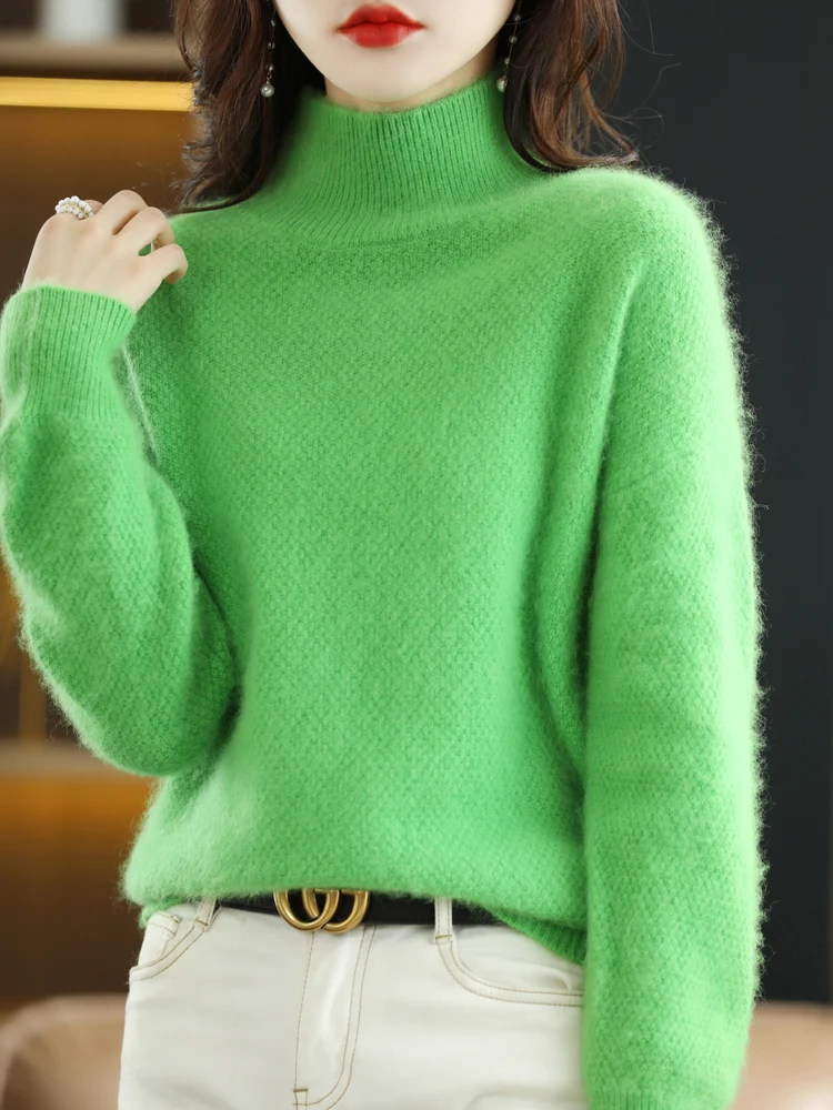 Winter New 100% Mink Cashmere Sweater Women\' High Neck Thicken Large Size Tops Jacquard Knitted Pullover Loose Warm Base Shirt