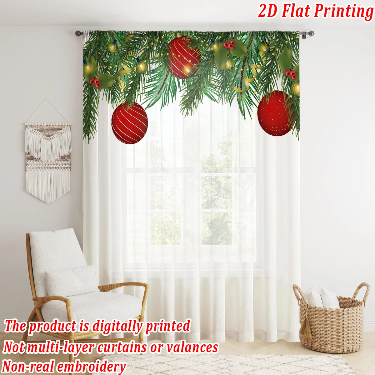 Christmas Flat Printing Sheer Curtain with Christmas Ball Mistletoe Pine Branches for Living Room Bedroom Decor Holiday Party