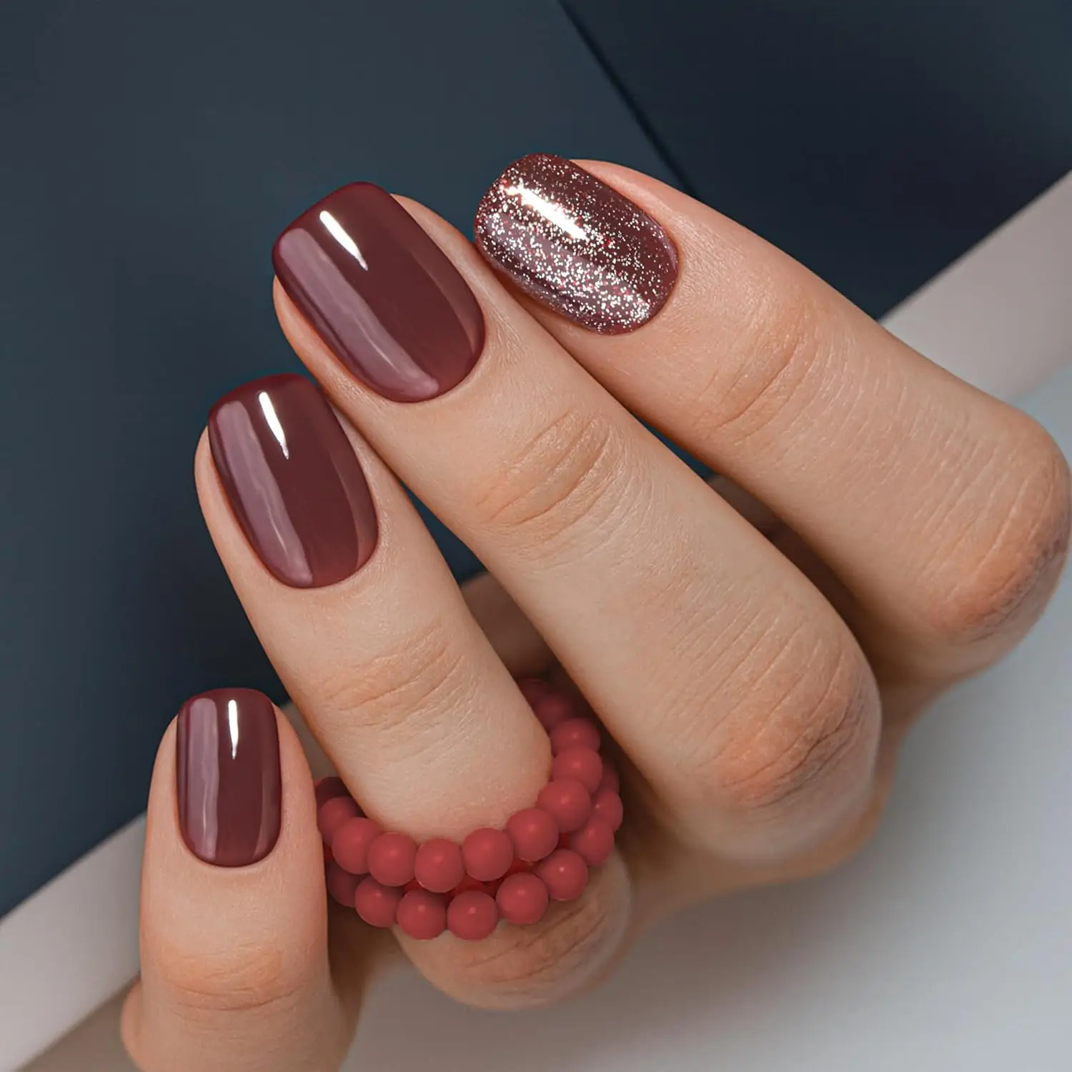 

30pcs Short Square Press on Nails, Wine Red Glitter Apricot Design Full Cover False Nails for Women