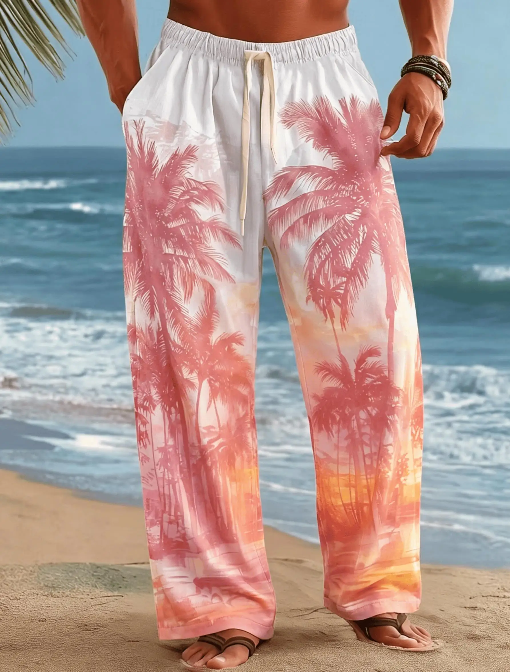 Men's Pink Palm Tree Print Drawstring Pants, Casual Loose Fit Trousers for Summer Beach & Daily Wear