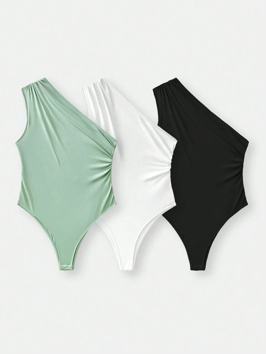 

Комплект из 3 асимметричных однотонных вязаных боди на одно плечо для женщин