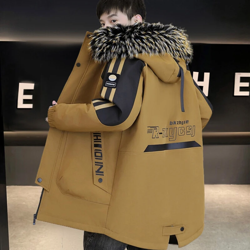 

Casual Winter Men's Warm Fleece Hooded Jackets Streetwear Mid-Length Thicken Plush Coats Loose Windbreaker Fur Collar Top Parkas