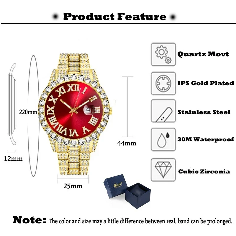 Men's Watch Color Large Dial Full Diamond Japanese Movement Quartz Clock Waterproof Luminous Calendar as a Gift Precise Timing
