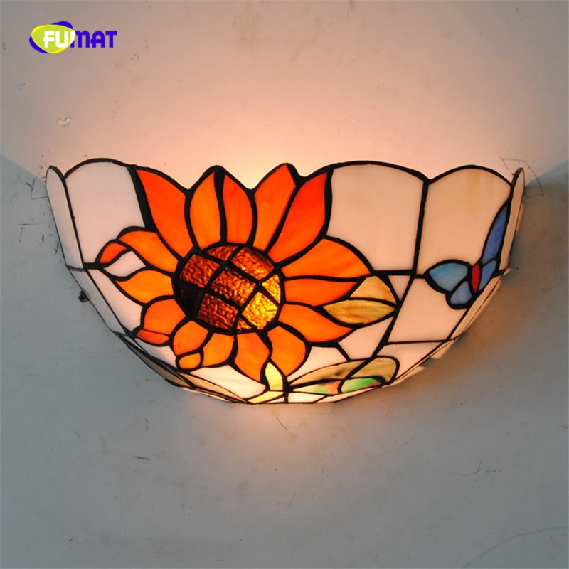 FUMAT Bohemia Sunflower Glassshade Wall Lamps Bedside Corner Light Wall Lamp Stained Glass Butterfly Wall Sconce Home Decor