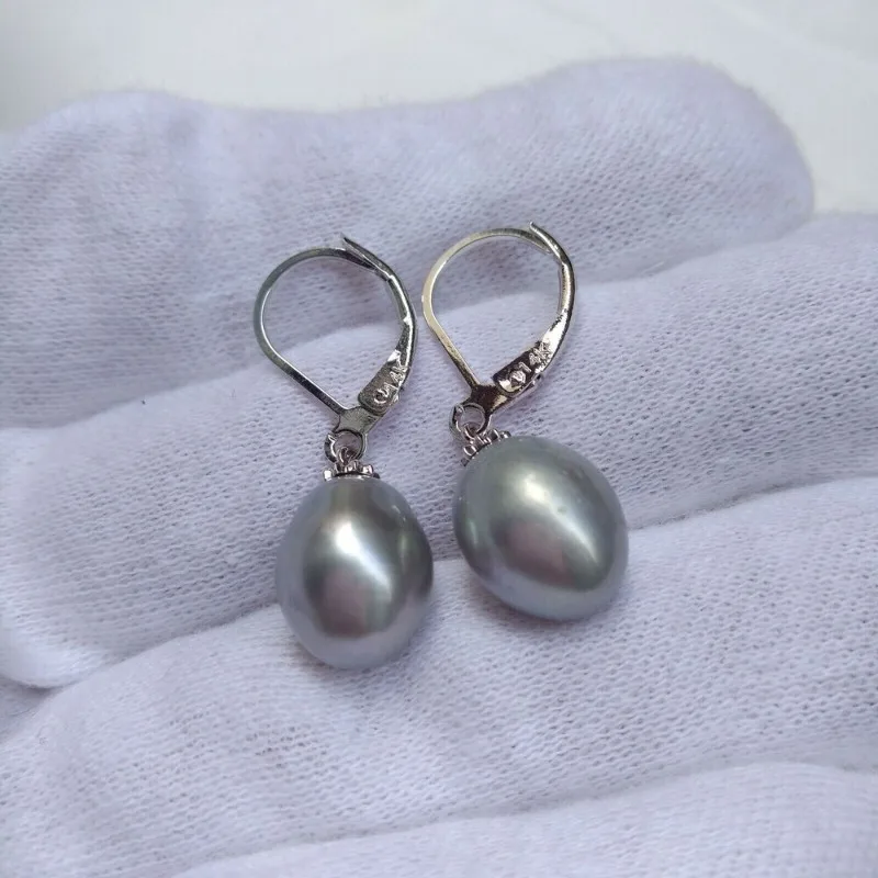 

New ELEGANT AAA + 10X12mm Grey South Sea Back Earrings, Personalized Versatile Women's Stud Earrings 14k White Gold -