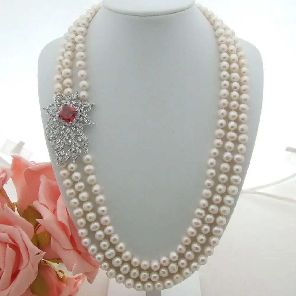 

3 rows 7-8mm white freshwater cultured pearl micro inlay zircon accessories flower connector sweater necklace long 54-60 cm