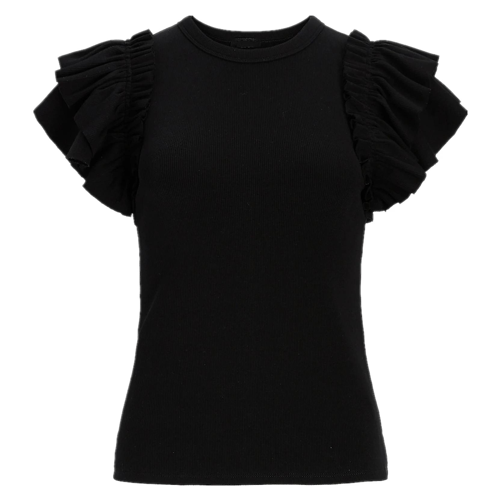 New Black Short Ruffle Sleeve Women Tops And Blouses Summer Cotton Solid Ribbed Crew Neck Casual Straight Hem Women Blouse Tees