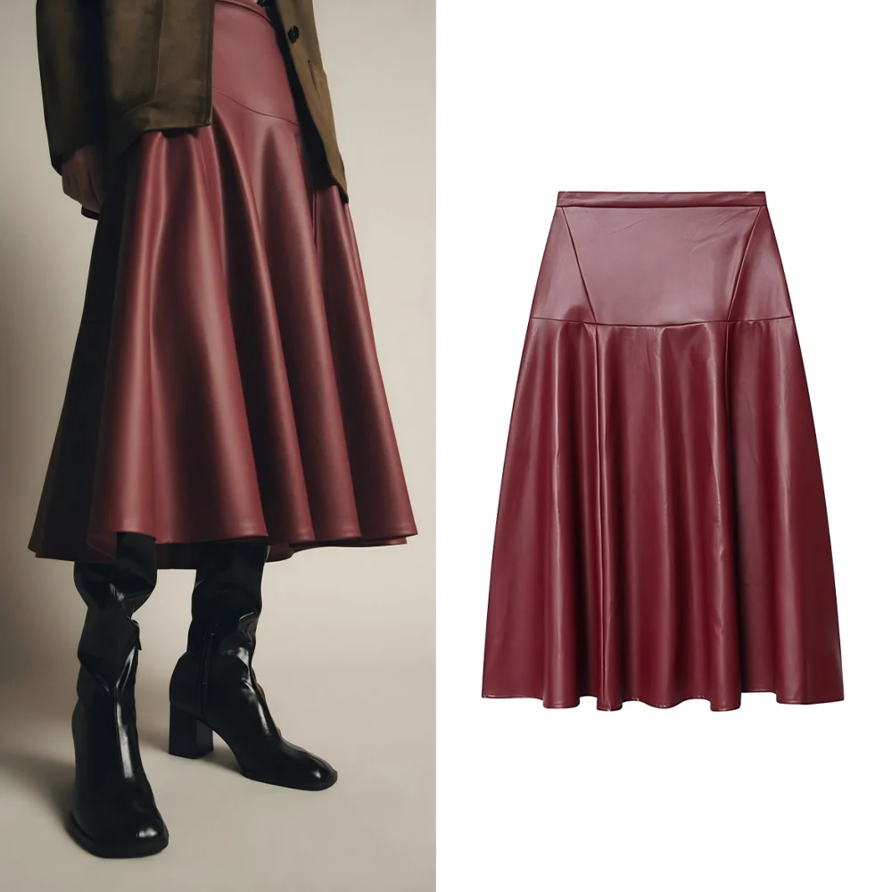 

Women's autumn new fashion casual versatile imitation leather pleated MIDI skirt retro high waisted back zipper women's skirt