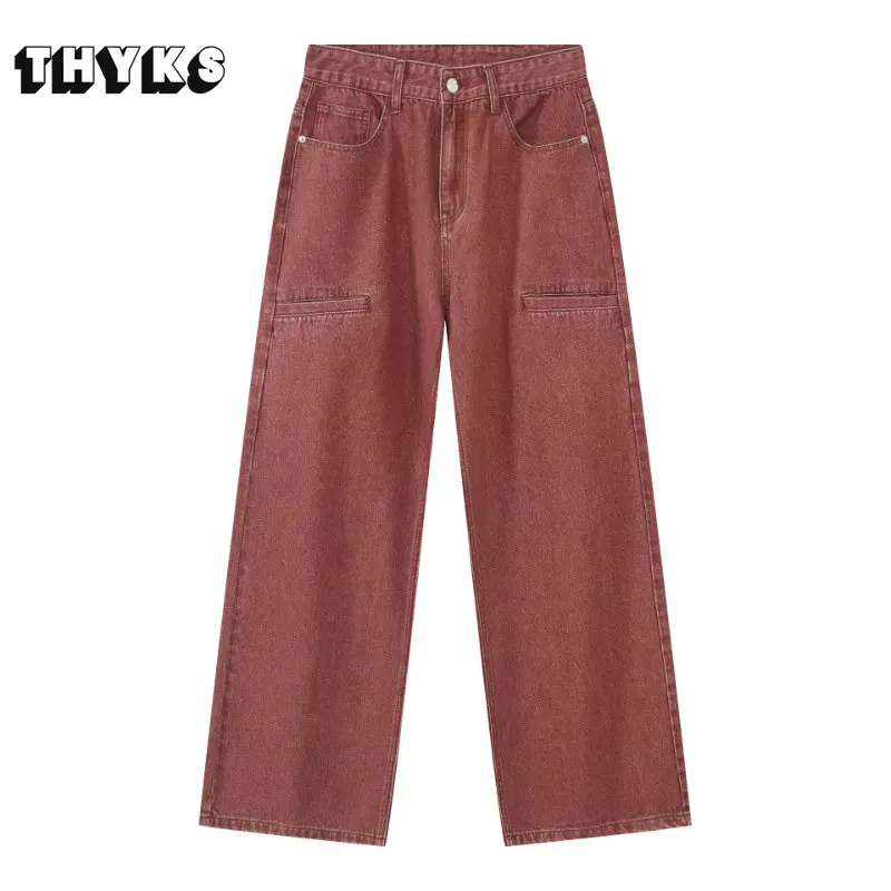 

Korean Retro Red Men's Jeans High Street Harajuku Y2K Clothing Straight Solid Color Causal Pants Women Four Seasons Unisex