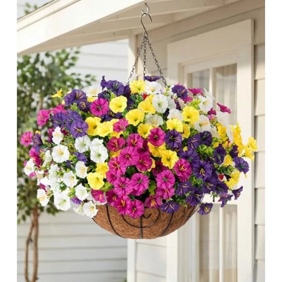 

Artificial Hanging Flowers Faux Plants Basket for Outdoors Spring Decor, Fake Silk Morning Glory with Eucalyptus in Planter UV